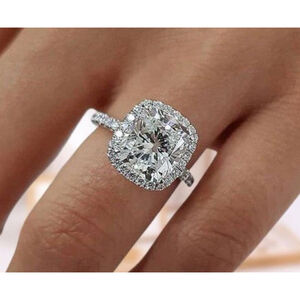 6ct Cushion Cut Halo Engagement Ring | 925 Sterling Silver Platinum